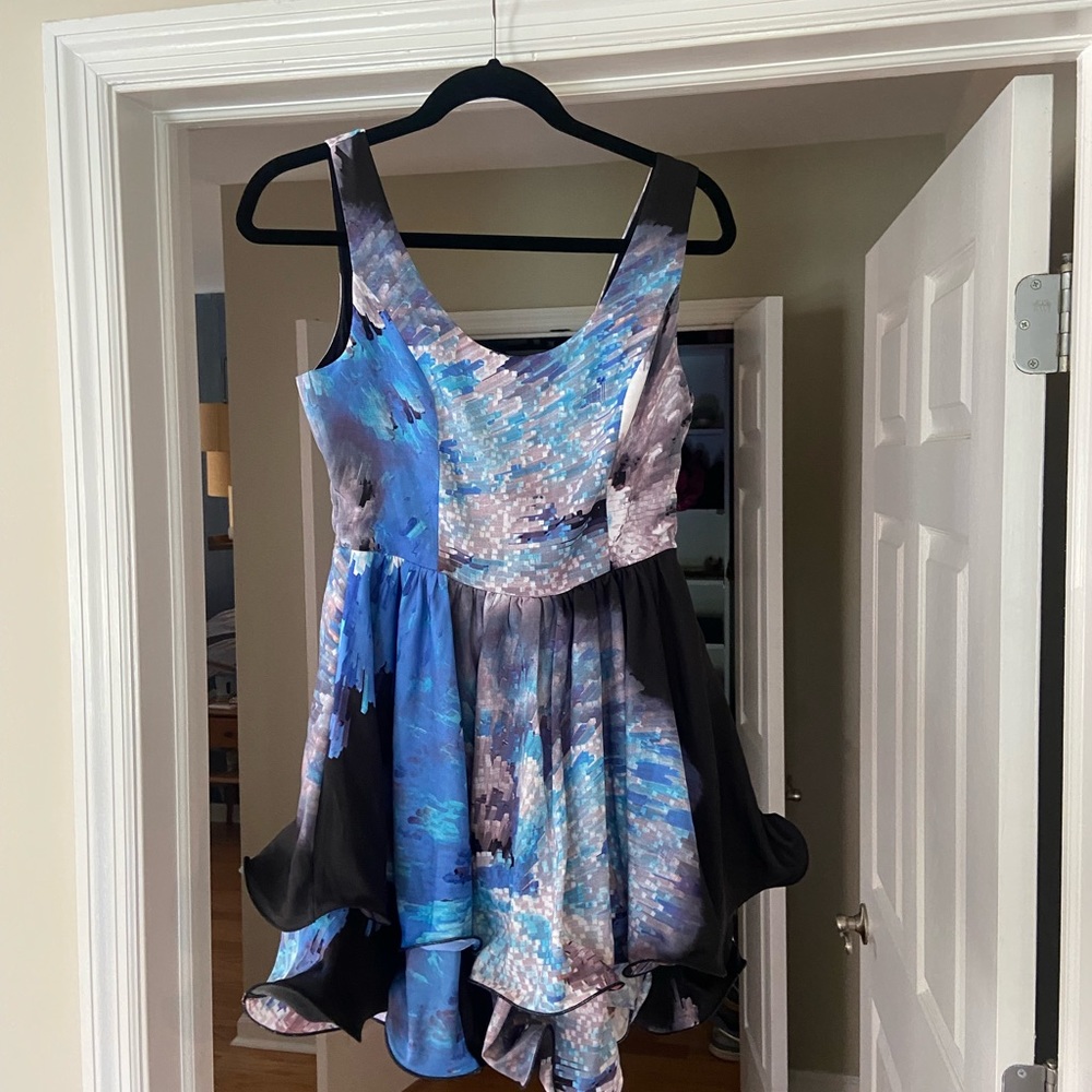 Fun, short, blue and black mini dress